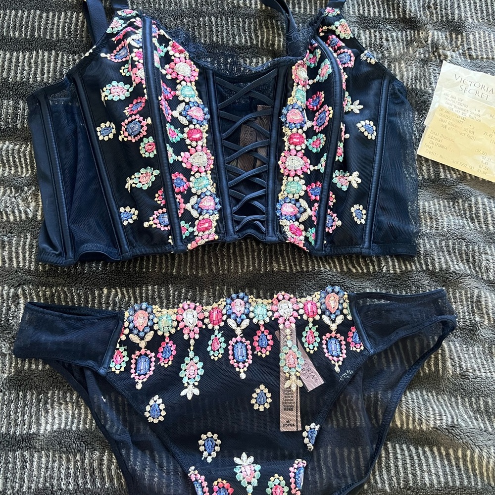 Victoria's Secret Navy Embellished Lace-Up Bustier & Bikini Set